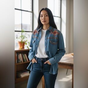 Cambridge Dry Goods Chambray Denim Embroidered Button Down